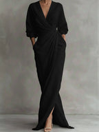 Thalia | Purple Floral Ruched Wrap Maxi Shirt Dresses — Black