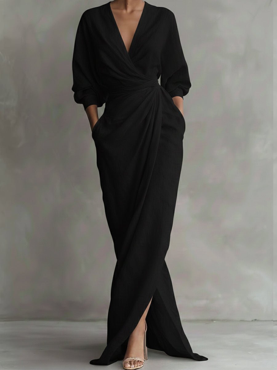 Thalia | Purple Floral Ruched Wrap Maxi Shirt Dresses — Black