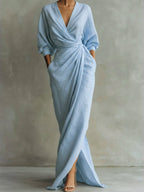 Thalia | Purple Floral Ruched Wrap Maxi Shirt Dresses — Light Blue