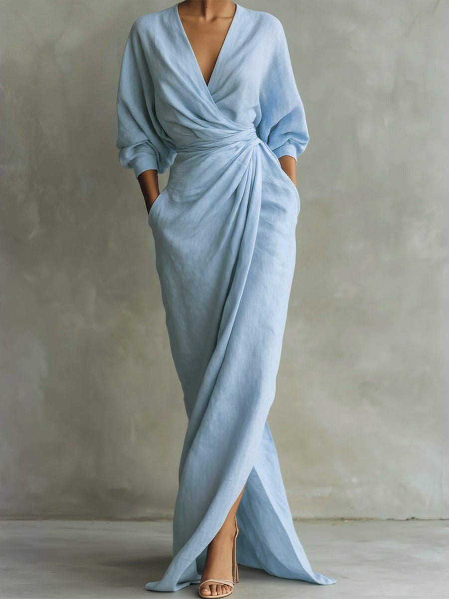 Thalia | Purple Floral Ruched Wrap Maxi Shirt Dresses — Light Blue