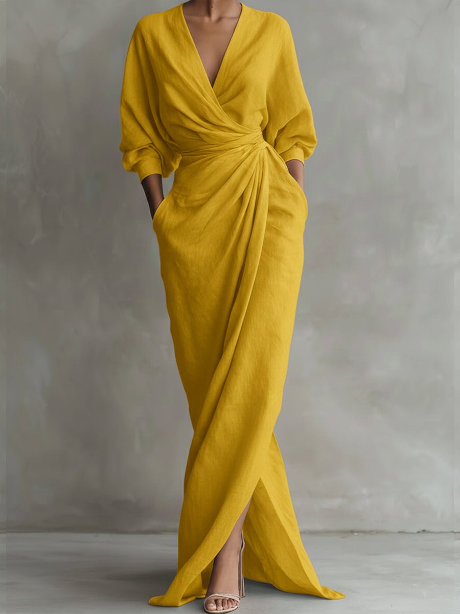 Thalia | Purple Floral Ruched Wrap Maxi Shirt Dresses — Yellow